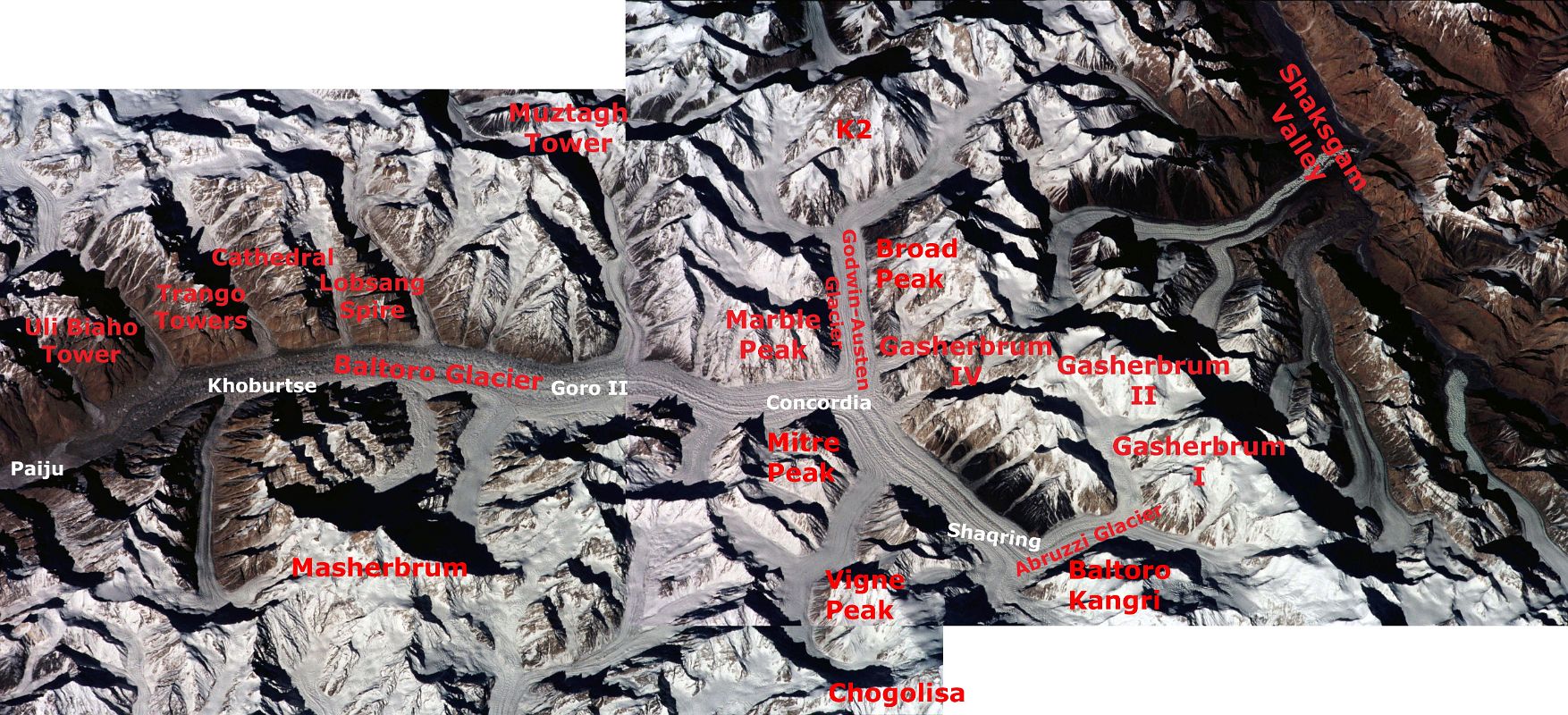 Nasa With Labels Baltoro Glacier K2 Broad Peak Gasherbrum I, II and IV Masherbrum ISS001-343-26 and 27 Baltoro Glacier from Paiju to Concordia with K2, Broad Peak, Gasherbrum I, Gasherbrum II and Gasherbrum IV, Masherbrum  - Nasa Image ISS001-343-26 and 343-27.